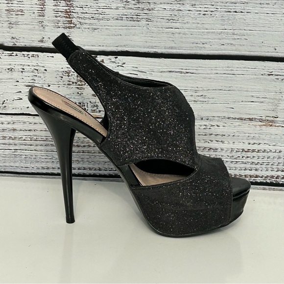 Olsenboye Osnazzie black Stiletto open Peep toe Glitter heels shoes size 8 - Picture 1 of 11